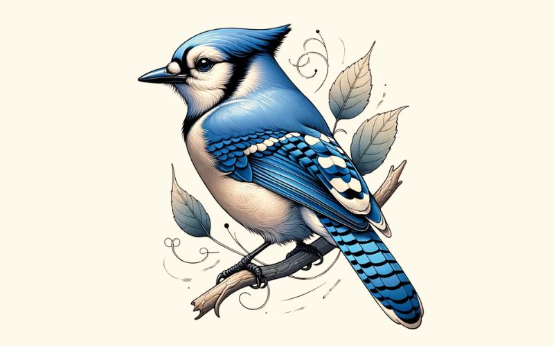A realism style blue jay on a tree branch tattoo design.