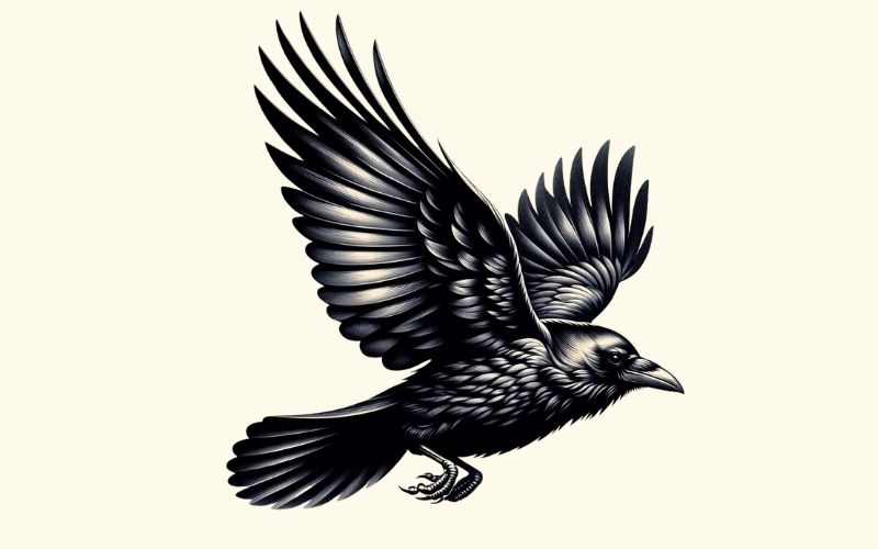 A realism style crow in flight tattoo design.