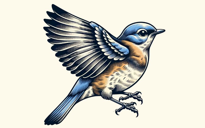 Um desenho de tatuagem de pássaro azul em estilo realista.