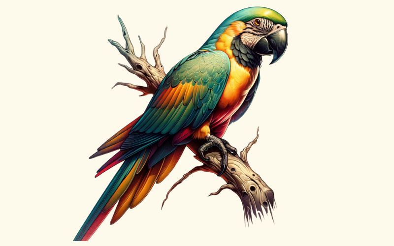 A realism style parrot tattoo design.