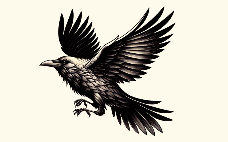 A realism style raven in flight tattoo design.