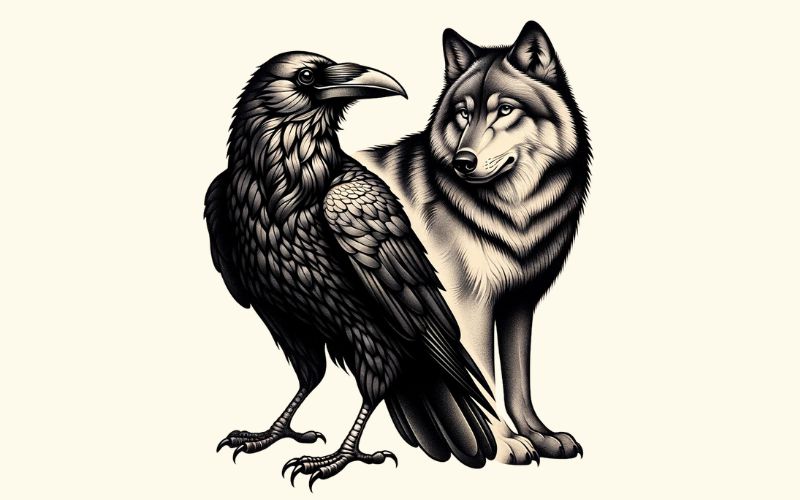 A realism style raven and wolf tattoo design. 
