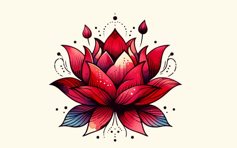 A watercolor style red lotus tattoo design. 
