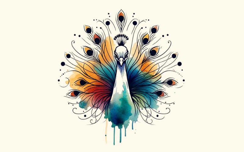 A watercolor style peacock tattoo design. 
