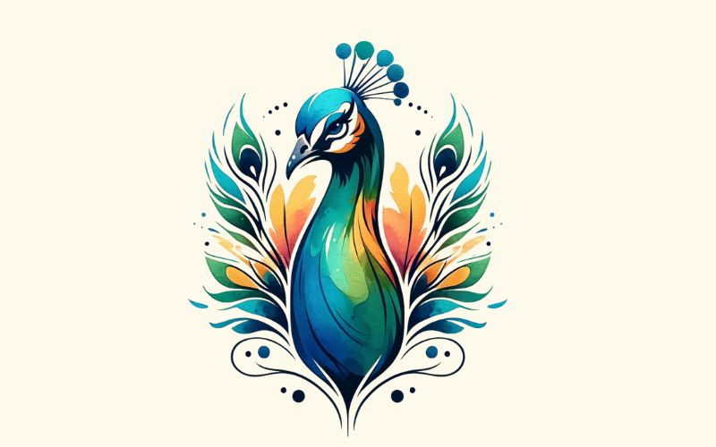 A watercolor style peacock tattoo design. 