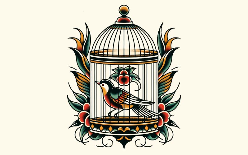 A traditional style birdcage tattoo design with a closed door.