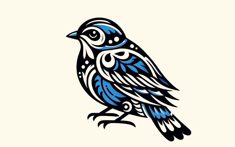 Um desenho de tatuagem de pássaro azul no estilo blackwork.