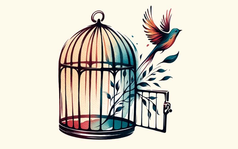 A watercolor style birdcage and bird tattoo design.