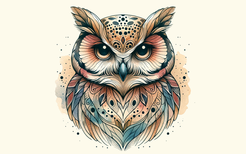 A watercolor style owl head tattoo design. 