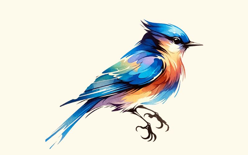 Um desenho de tatuagem de pássaro azul em estilo aquarela.