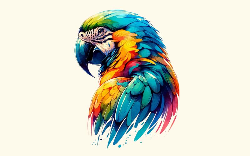 Um desenho de tatuagem de papagaio em estilo aquarela.
