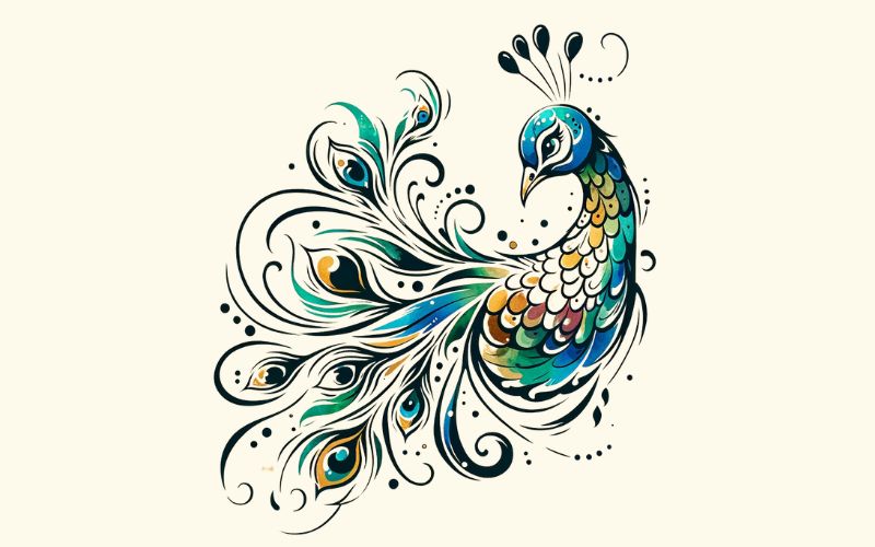 Um desenho de tatuagem de pavão em estilo aquarela.  