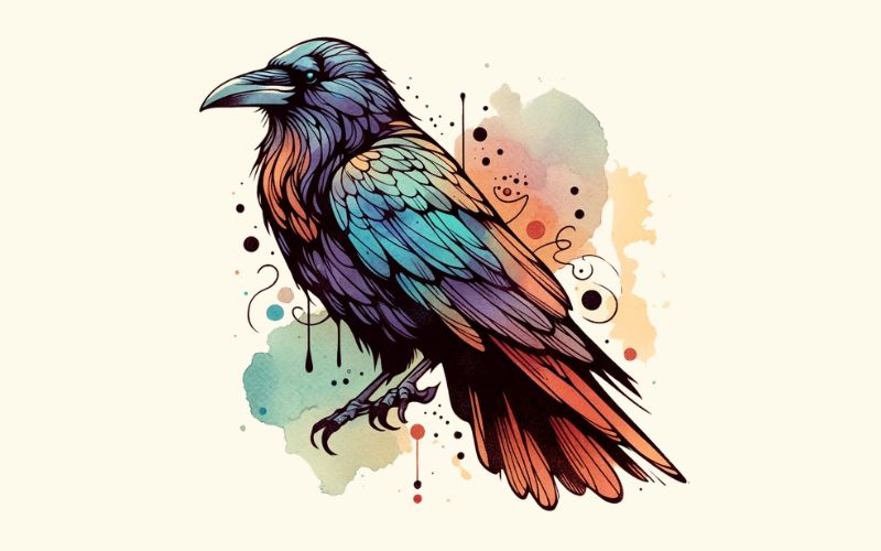 A watercolor style raven tattoo design.