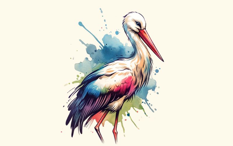 A watercolor style stork tattoo design.