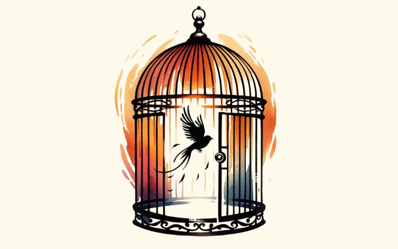 A watercolor style birdcage tattoo design.