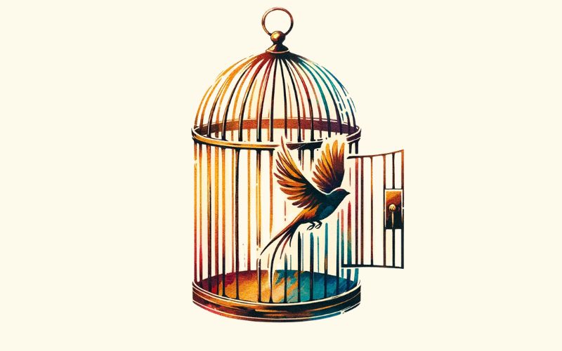 A watercolor style birdcage tattoo design.