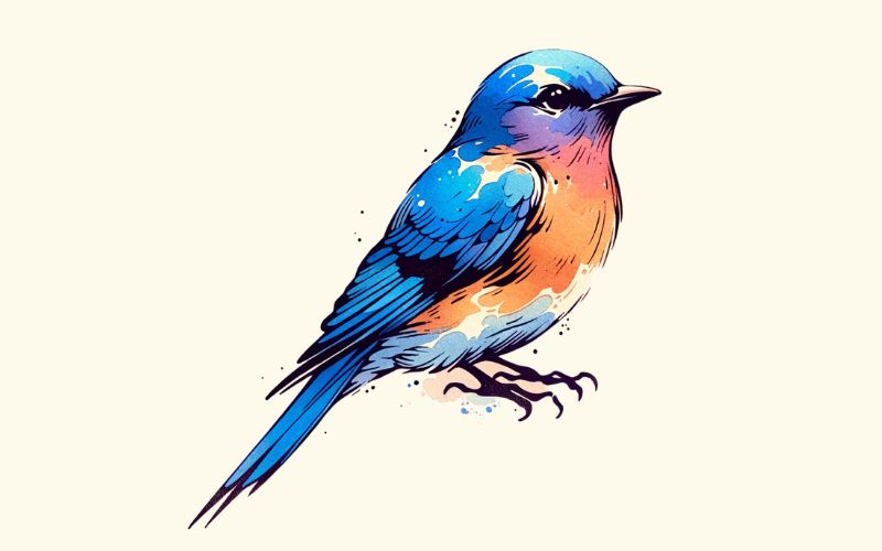 Um desenho de tatuagem de pássaro azul em estilo aquarela. 