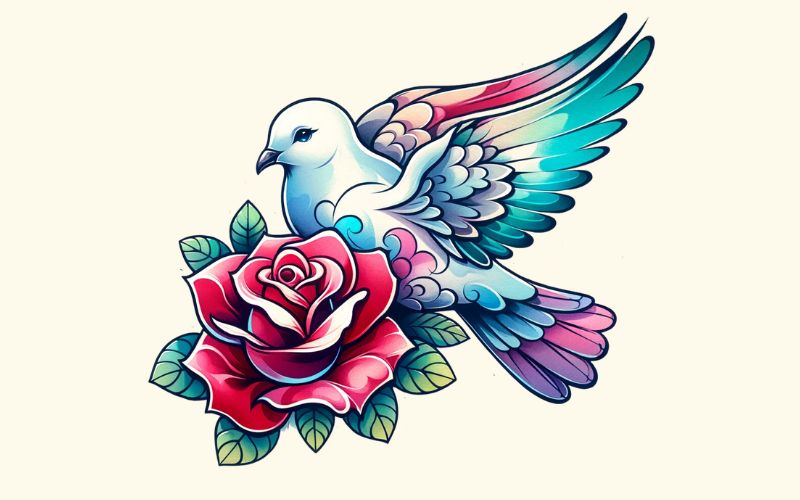 A watercolor style dove and rose tattoo design.