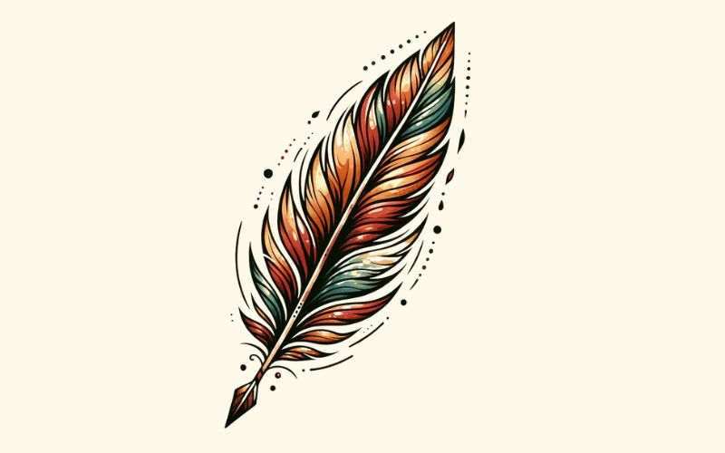 Um desenho de tatuagem de flecha e pena em estilo aquarela.