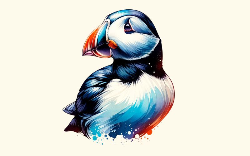 A watercolor style puffin tattoo design.