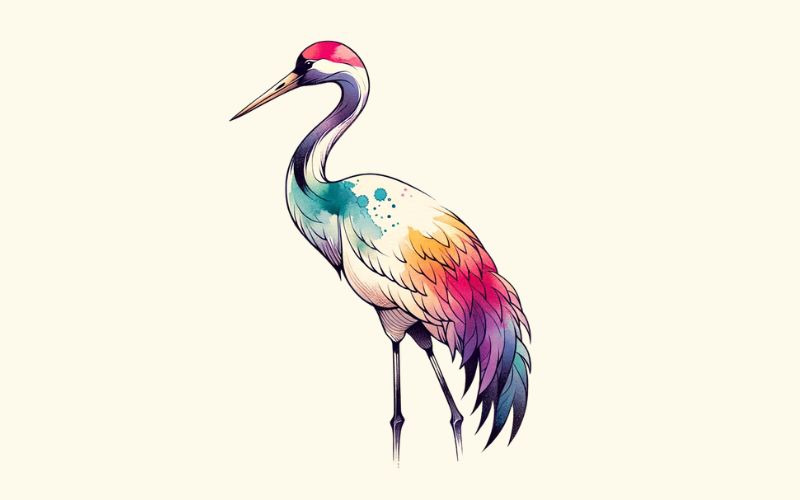 A watercolor style crane tattoo design.