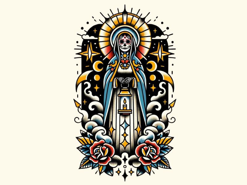 An American Traditional style Santa Muerte tattoo design. 