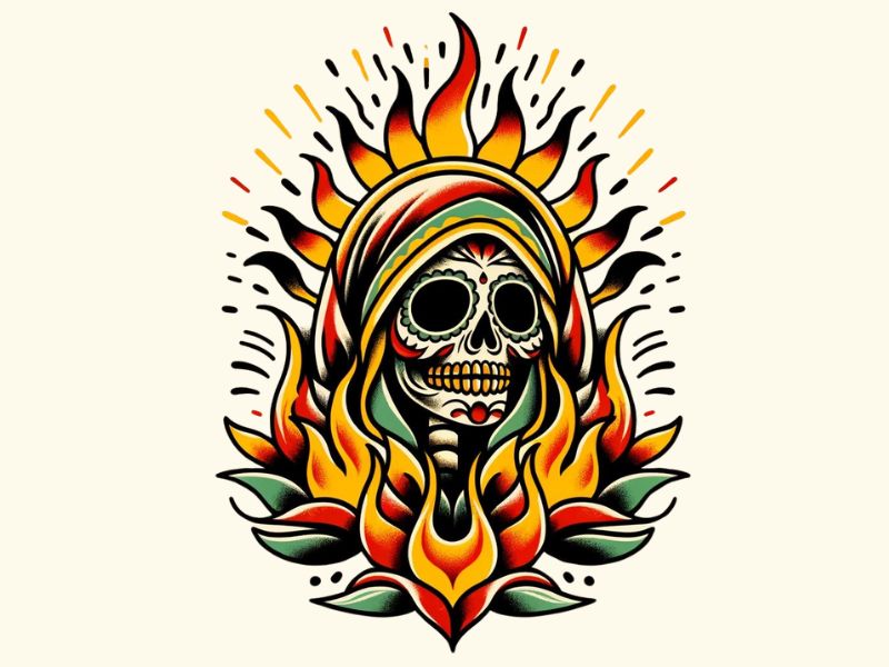 An American Traditional style flaming Santa Muerta tattoo design. 