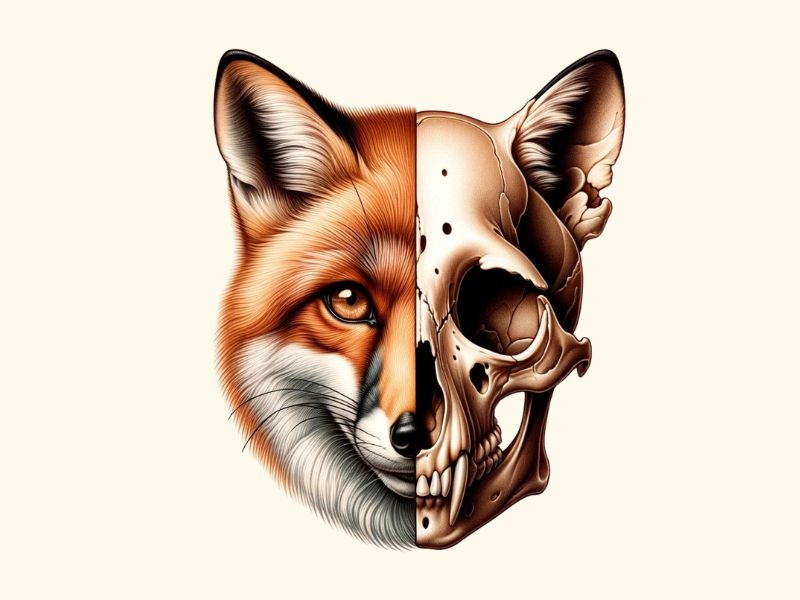 Realistic half fox half skull tattoo design.