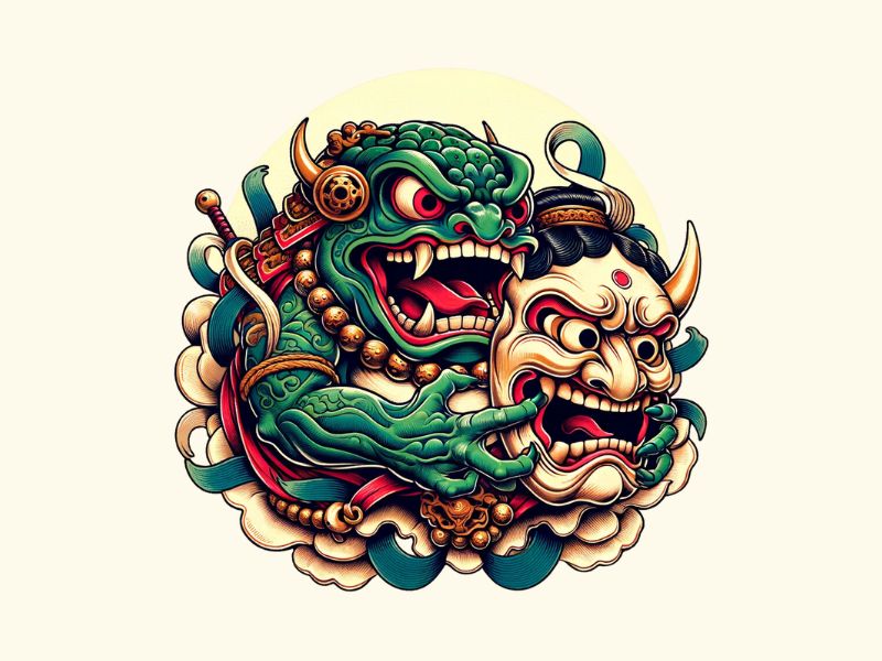 A Japanese frog and oni mask tattoo design.