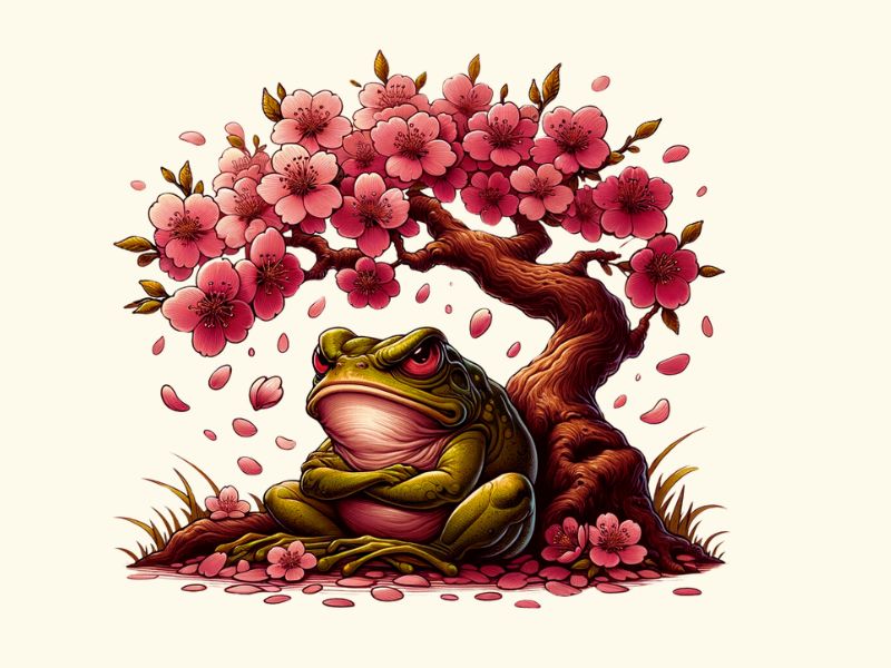 A Japanese frog and cherry blossoms sakura tattoo design.