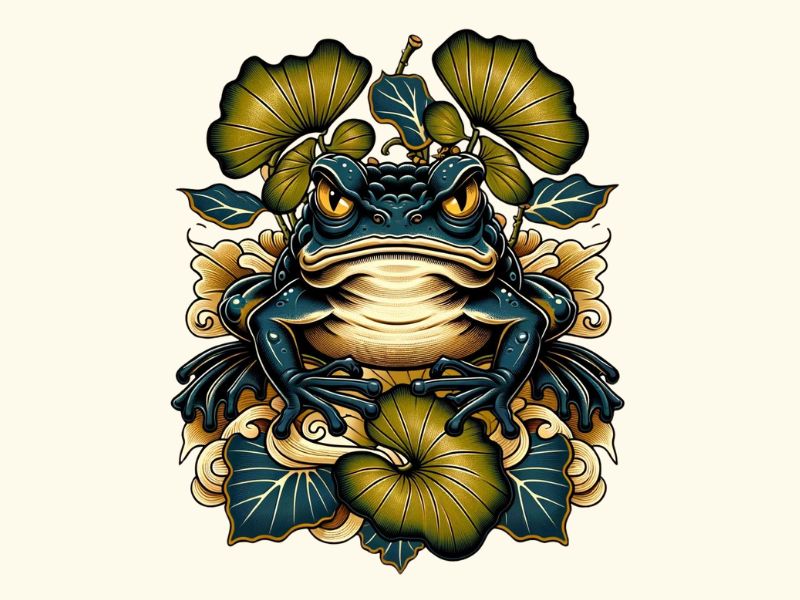 A Japanese frog and leaf tattoo design.
