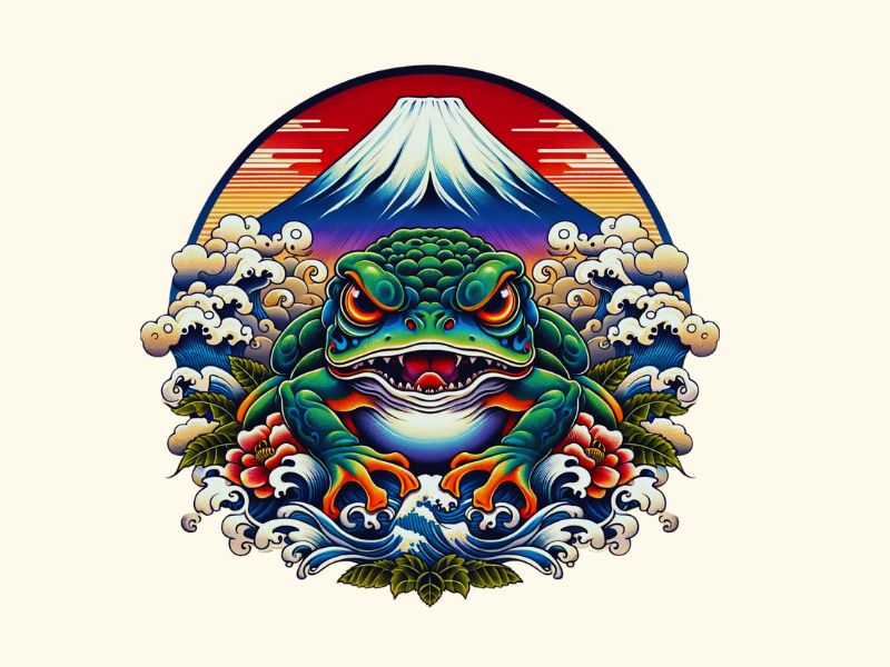 A Japanese frog and Mount Fuji tattoo design.
