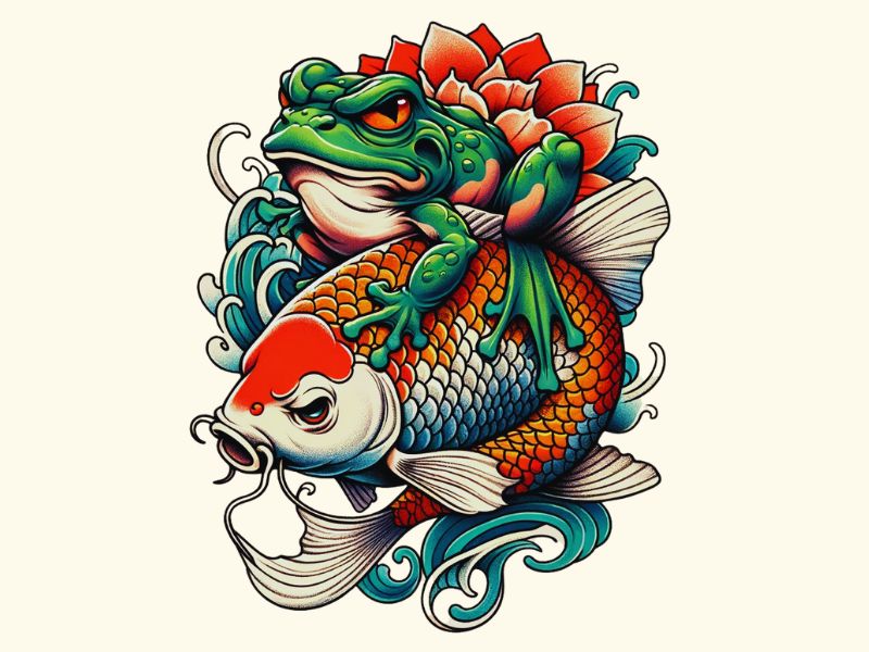 A Japanese frog on a Koi fish tattoo design.