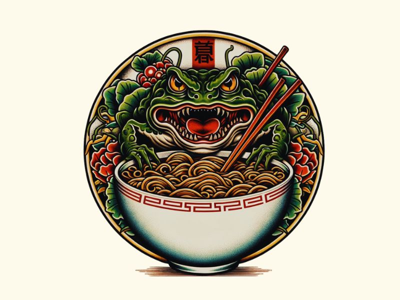 A Japanese frog and a ramen bowl tattoo design.