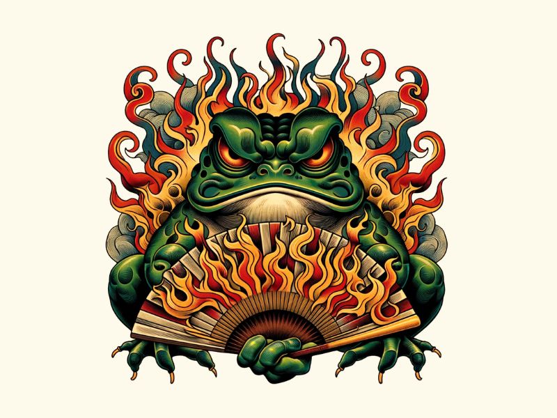 A Japanese frog and fan of fire tattoo design.