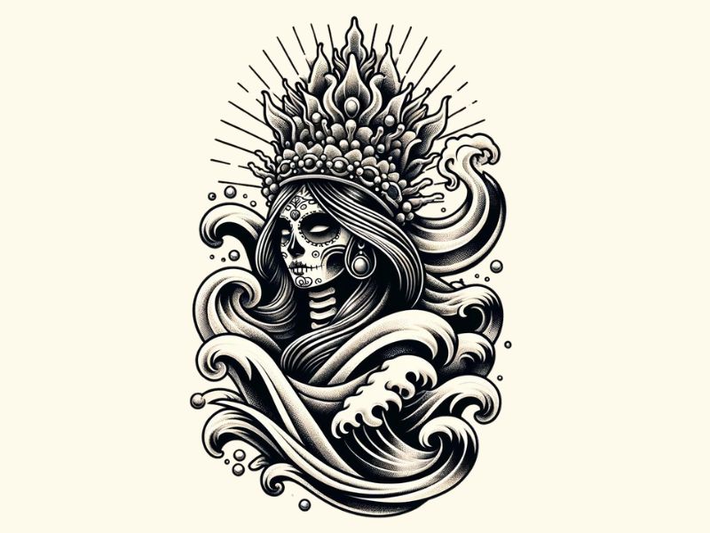 A Santa Muerte Queen of the Sea tattoo design. 
