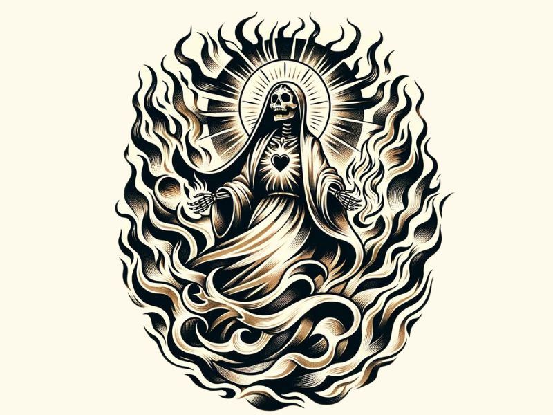 A Santa Muerte surrounded by flames tattoo design. 