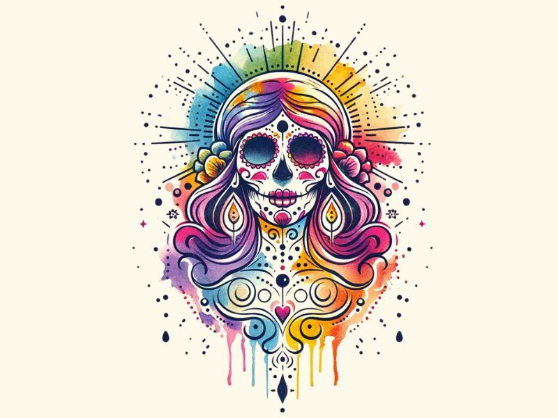 A watercolor Santa Muerte tattoo design. 