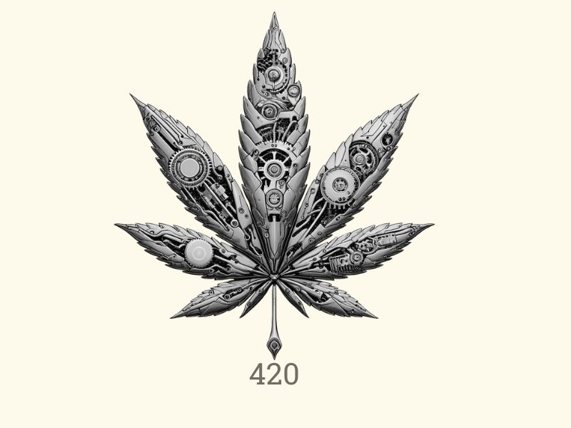 A cannabis leaf made up of mechanical bits and the number 420