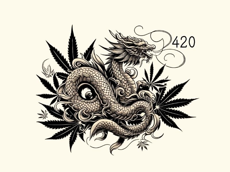 A Chinese dragon amidst some cannabis leaves and the number 420