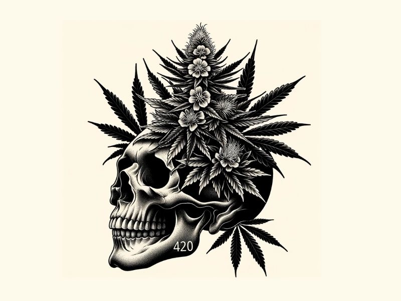 A skull with a cannabis flower growing on it