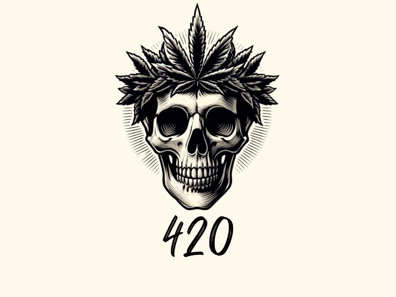 A 420 skull and leaf tattoo design. 