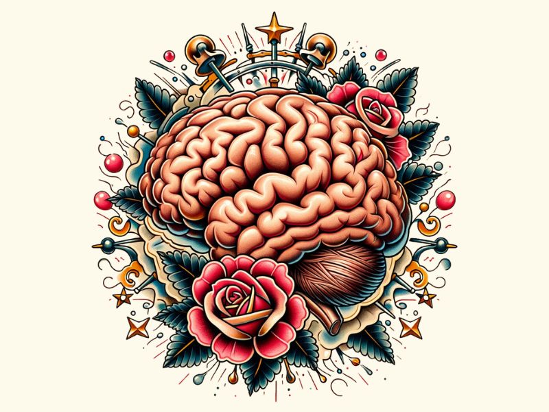 An American Traditional style brain tattoo design with roses. 