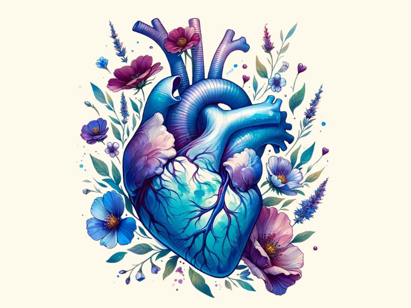 A watercolor style anatomical heart with flowers tattoo design.