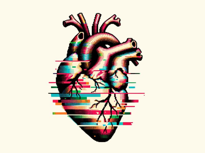 A glitch style anatomical heart tattoo design.
