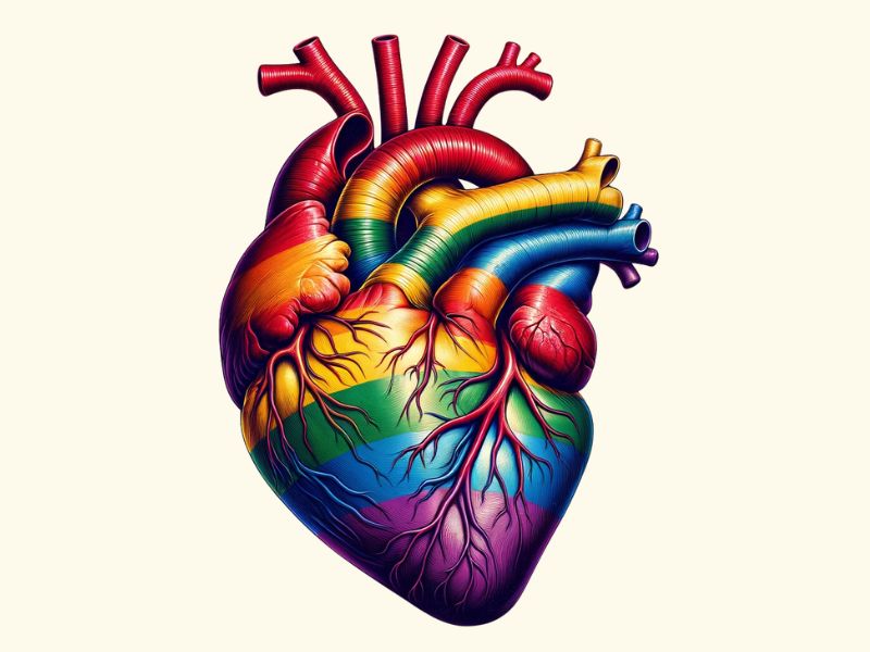 A rainbow anatomical heart tattoo design.