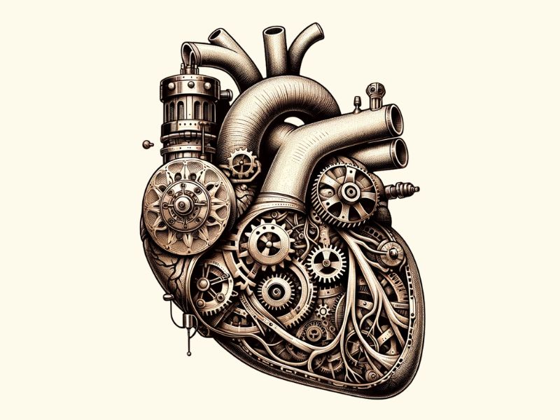 A steampunk style anatomical heart tattoo design.