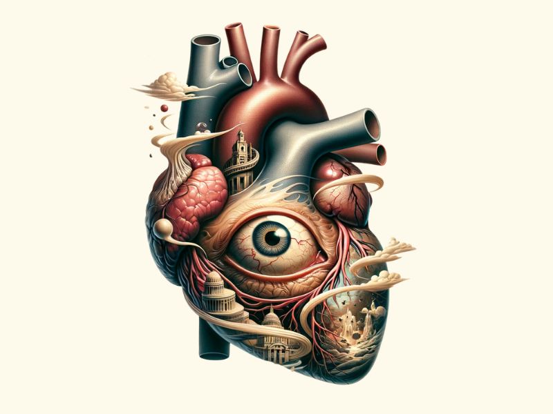 A surrealism style anatomical heart tattoo design.