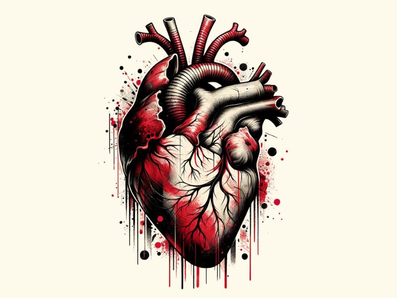 A trash polka anatomical heart tattoo design. 