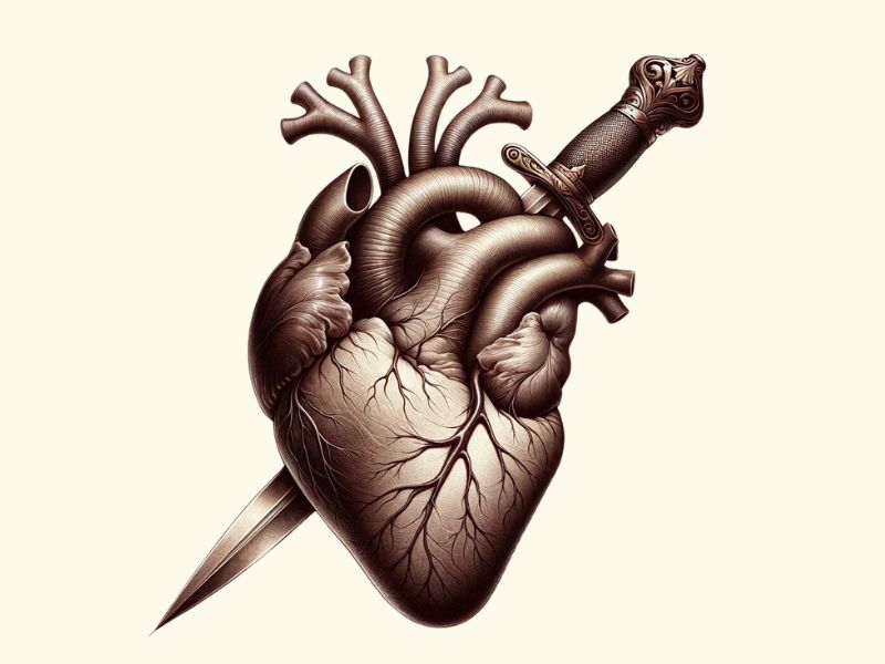 A realistic style anatomical heart with dagger tattoo design.